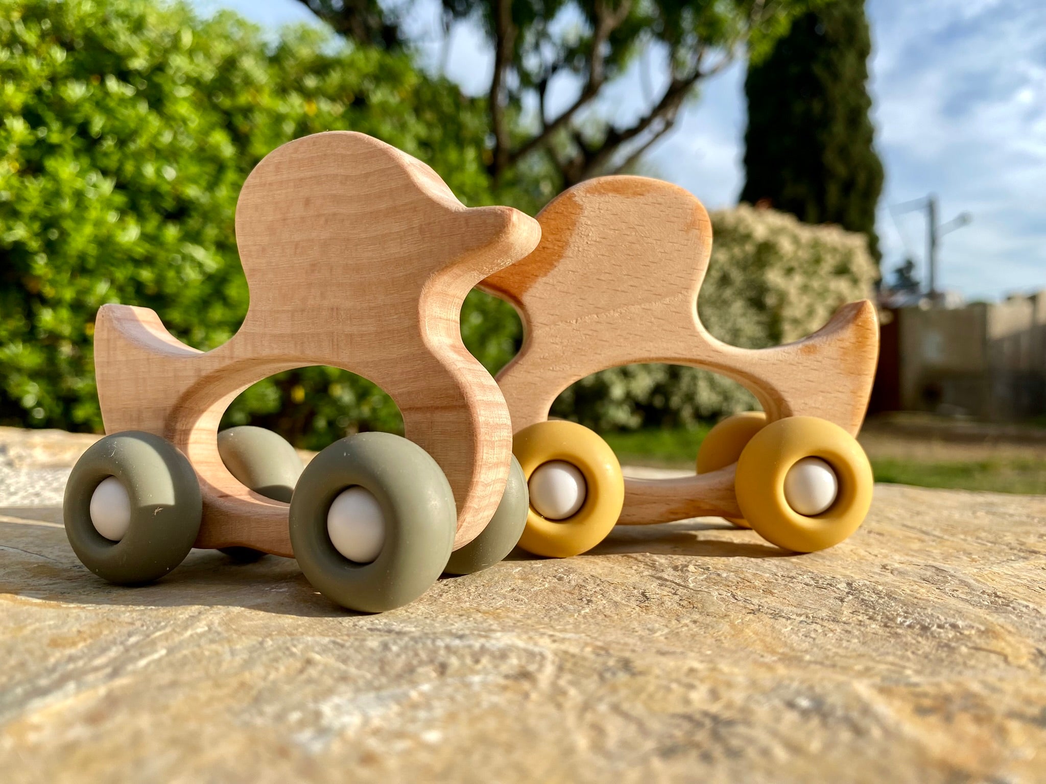 Canard à Roulettes Bois et Silicone - Premier Jouet à Pousser Bébé 6 Mois