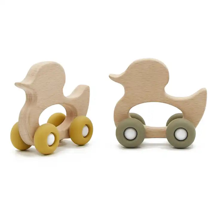 Canard à Roulettes Bois et Silicone - Premier Jouet à Pousser Bébé 6 Mois